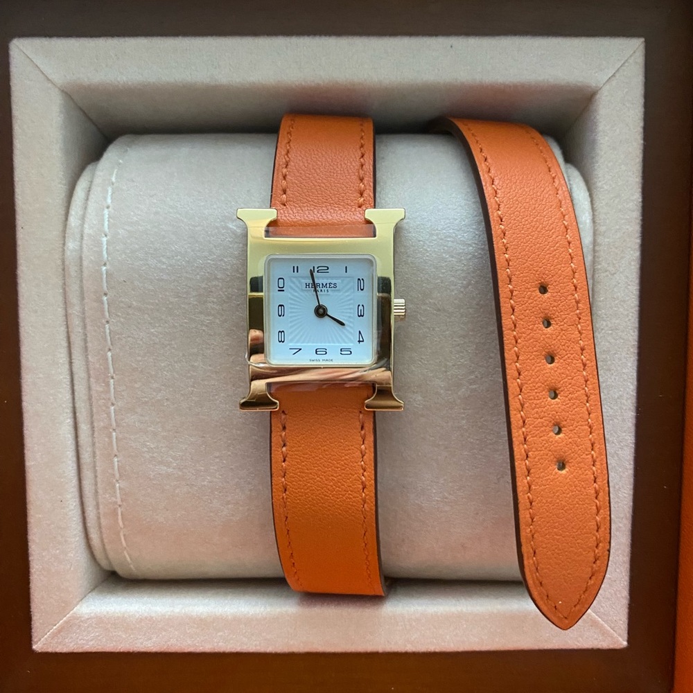 Hermes Heure H Mini Watch - Orange with Gold Face and Double-Length Strap